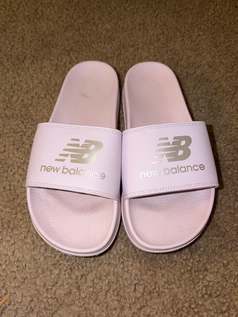 New Balance Girls Light Pink Slide Sandals with Silver Logo